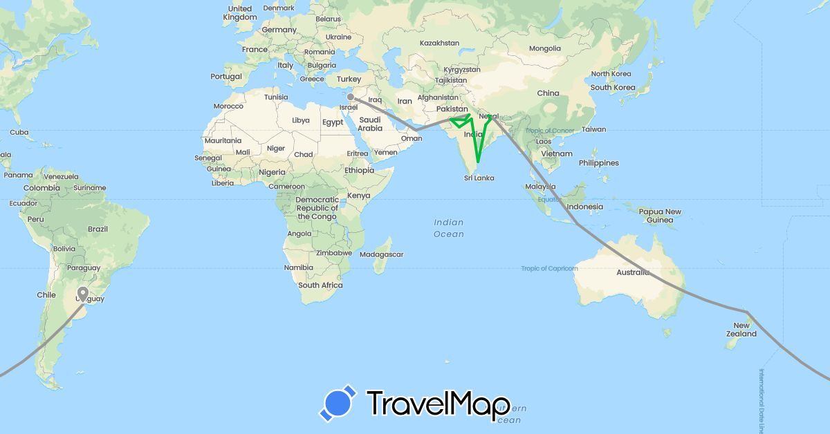 TravelMap itinerary: driving, bus, plane in Argentina, Indonesia, India, Lebanon, Nepal, New Zealand, Oman (Asia, Oceania, South America)